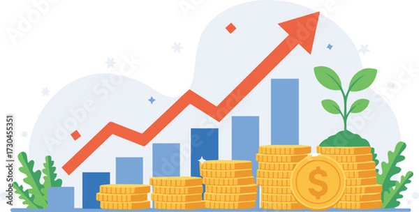 Fototapeta Witness financial growth with rising graph, coins, and sprouting plant for a thriving business, illustrating investment success and sustainable finance strategies