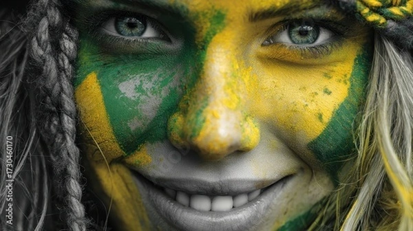 Fototapeta Close-Up Portrait of Smiling Face with Colorful Face Paint in Green Yellow