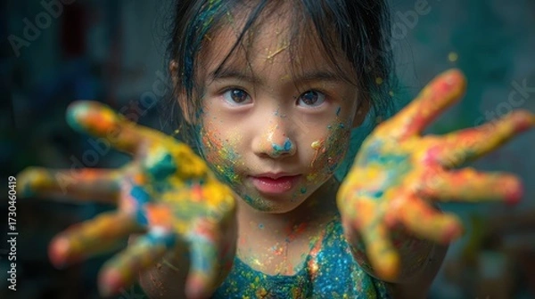 Fototapeta Colorful Fun with Child's Hands Covered in Paint and Joyful Expression