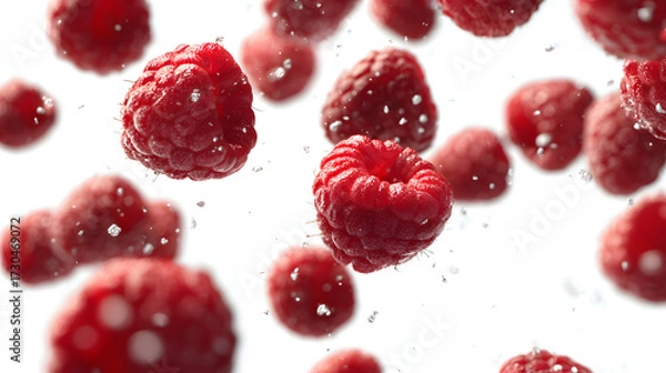 Fototapeta Fresh Raspberries Falling on White Background