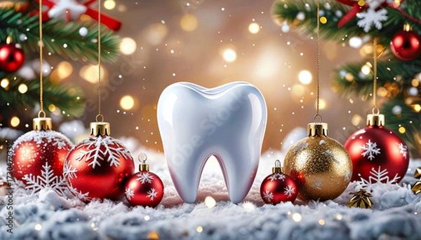 Fototapeta Festive image featuring a large white tooth among red and gold Christmas ornaments on a snowy backdrop.