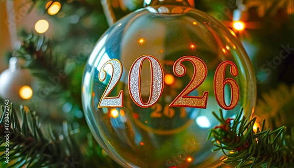 Fototapeta Close-up of a Christmas ball with the inscription 2026 on a fir branch