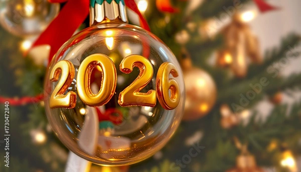 Fototapeta A close-up of a transparent ball with the inscription 2026 on a spruce branch creates a festive atmosphere.