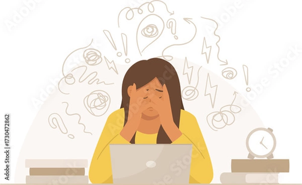 Fototapeta Woman with Brown Hair Covering Face in Distress Over Computer with Beige Background and Cluttered Thought Bubbles