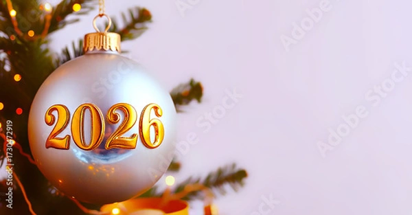 Fototapeta A transparent ball with the inscription 2026 on a spruce branch creates a festive atmosphere.