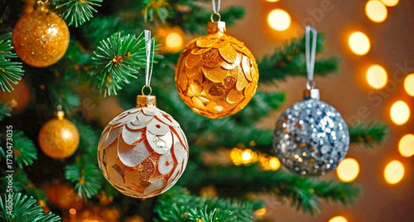 Fototapeta Festive Christmas decorations on a pine branch with lights in the background