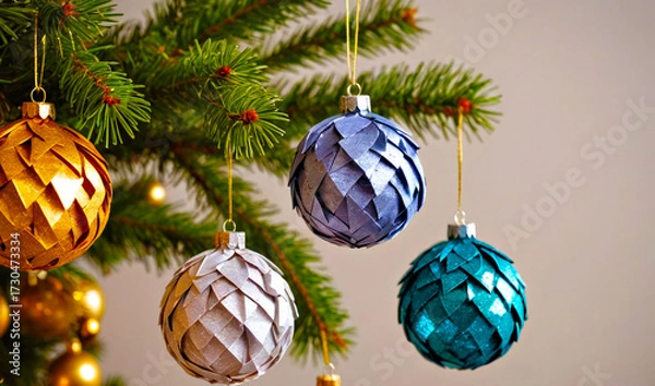 Fototapeta Christmas tree decorations made by hand hang on the tree