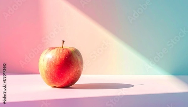 Fototapeta Fresh red apple placed on a pastel-colored surface with soft light and shadows.
