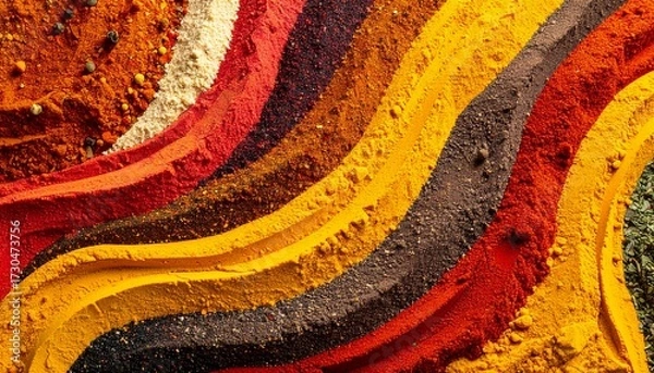 Fototapeta Colorful spices arranged in abstract flowing curves, creating vibrant texture.
