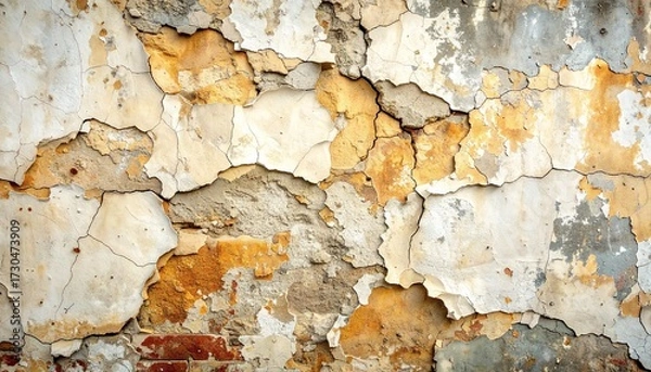 Fototapeta Rustic wall with weathered plaster, cracks, and peeling paint for a grunge look.