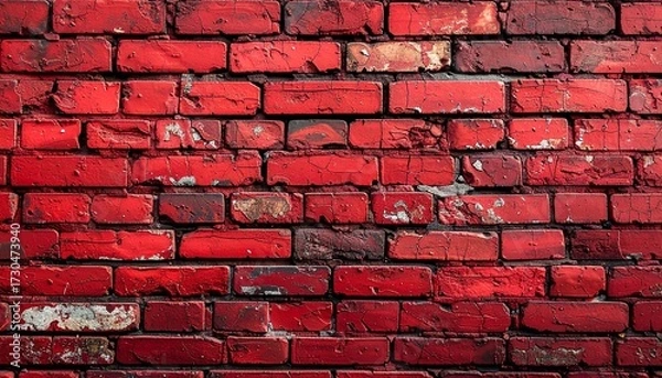 Fototapeta Textured red bricks with peeling paint and weathered urban character.