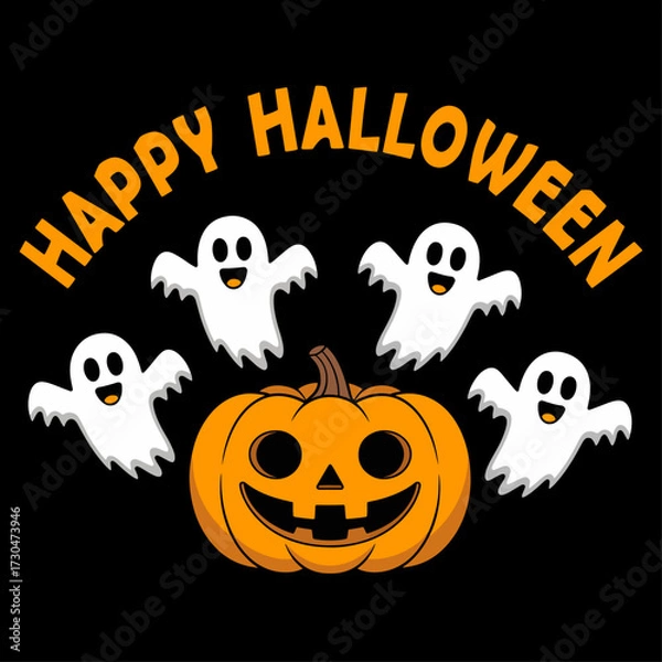 Fototapeta Happy Halloween Vector Design with Cute Ghosts and Jack-o'-Lantern on Black Background