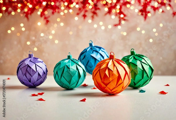 Fototapeta Five vibrant origami Christmas ornaments in various colors displayed on a soft surface against a festive background with twinkling lights and red decorative elements.