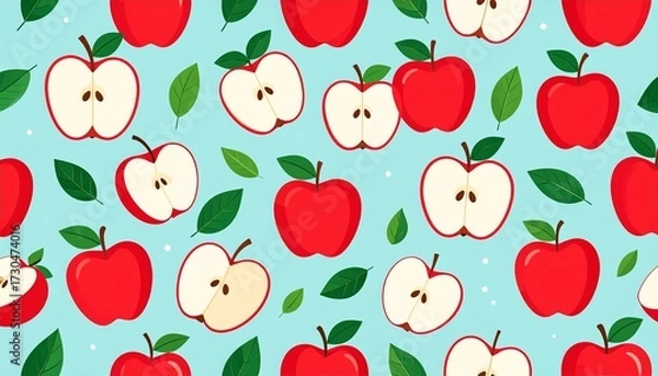 Fototapeta Playful apple-themed background with colorful fruit and leaves repeating.