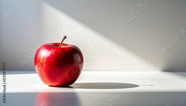 Fototapeta Fresh red apple placed on a plain surface with soft natural shadows.
