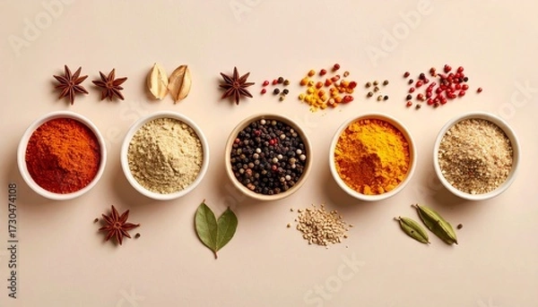 Fototapeta spices and herbs displayed in a neat composition, on a neutral background