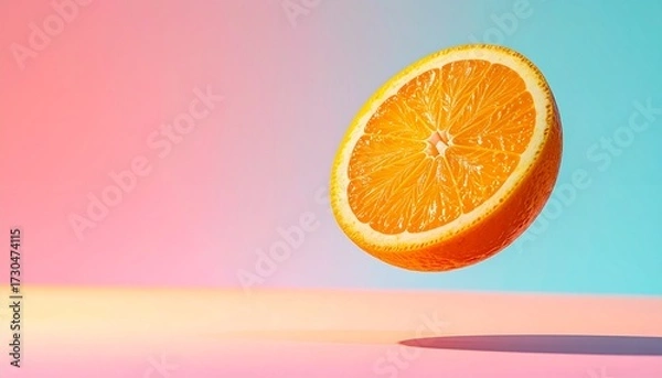 Fototapeta Fresh orange slice floating against a vibrant pastel gradient background.
