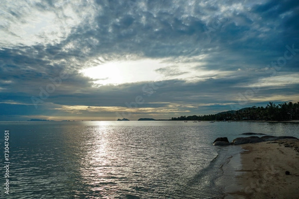 Obraz Panoramic beach landscape in Thailand. Inspire tropical beach seascape horizon. Sunset sky calmness tranquil relaxing sunlight summer mood with sparkling ocean, light sand, and a blurred horizon.