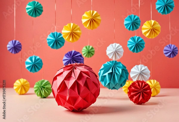 Fototapeta Bright multi-colored paper balls of different sizes hang on an orange background. Holiday decorations