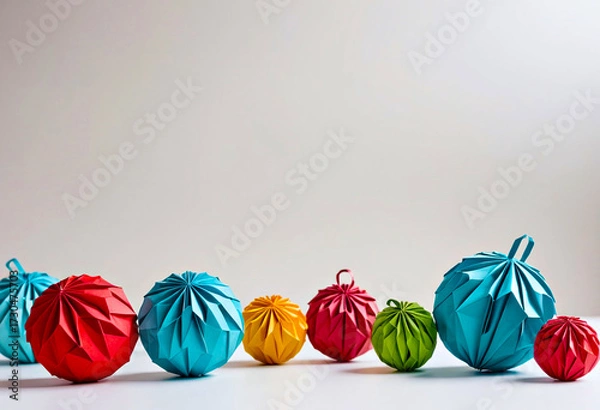 Fototapeta Origami spheres in vibrant red, blue, and yellow are arranged in a line, showcasing diverse paper folding techniques.