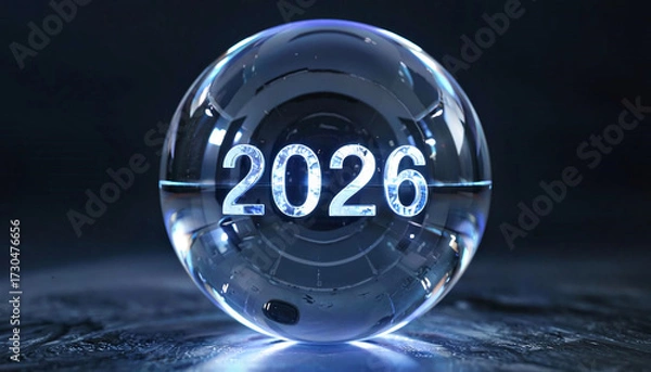 Fototapeta Crystal ball displaying the year 2026, symbolizing future aspirations, predictions, and possibilities in a mystical context. Ideal for themes related to foresight, planning, and goals.