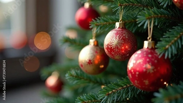 Fototapeta Red and Gold Christmas Ornaments on Tree Branches