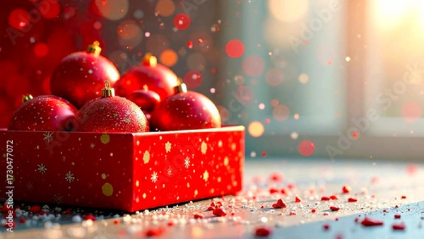 Fototapeta Red Christmas ornaments in a festive box surrounded by sparkling confetti, capturing the holiday spirit.