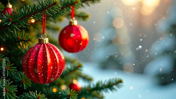 Fototapeta Bright red Christmas baubles adorn the lush, snow-covered evergreen tree, creating a festive atmosphere.