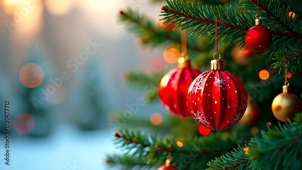 Fototapeta Red Christmas decorations on the branches of a Christmas tree