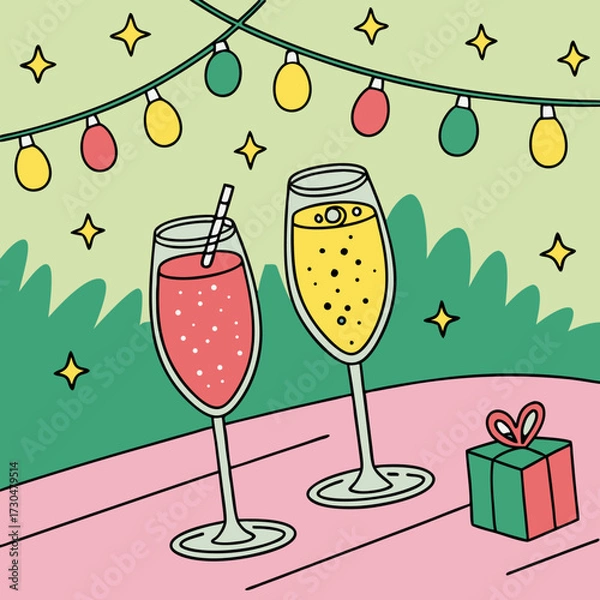 Fototapeta Festive celebration with sparkling drinks and a gift, perfect for holiday promotions, cheerful invitations, and joyful social media updates, vector design