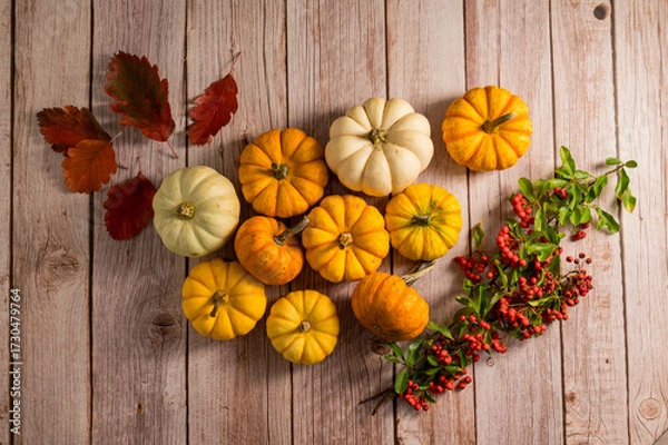 Fototapeta Autumn pumpkins frame background. Orange and white mini squashes, rustic style. Top view