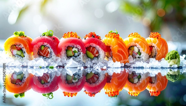 Fototapeta Assorted sushi rolls on melting ice, reflection in the water. AI