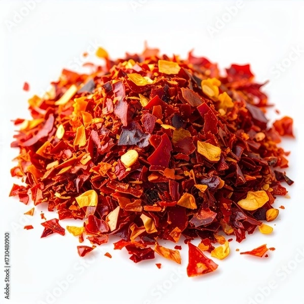 Fototapeta Pile of crushed red chili pepper flakes on a pristine white backdrop image
