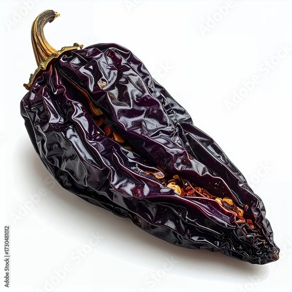 Fototapeta Dried ancho chili pepper showcasing its wrinkled texture and rich dark color on white