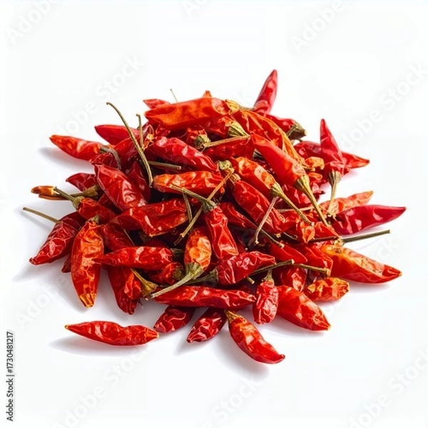 Fototapeta Pile of dried red chili peppers creating an eye catching culinary still life on white background