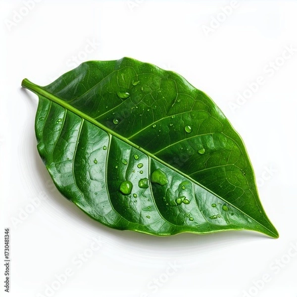 Fototapeta Detailed closeup of a vibrant green leaf with water droplets on a white background