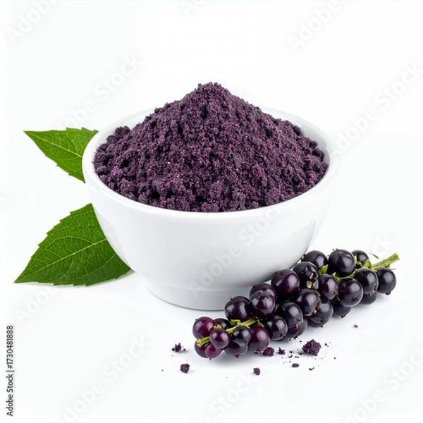 Fototapeta A?a? powder filled into a white bowl placed on a white backdrop with grapes