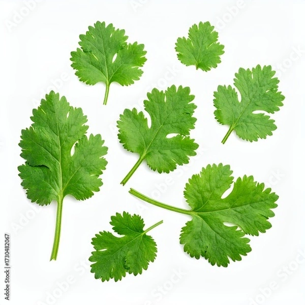 Fototapeta Fresh coriander leaves arranged on a clean white background creating an organic pattern