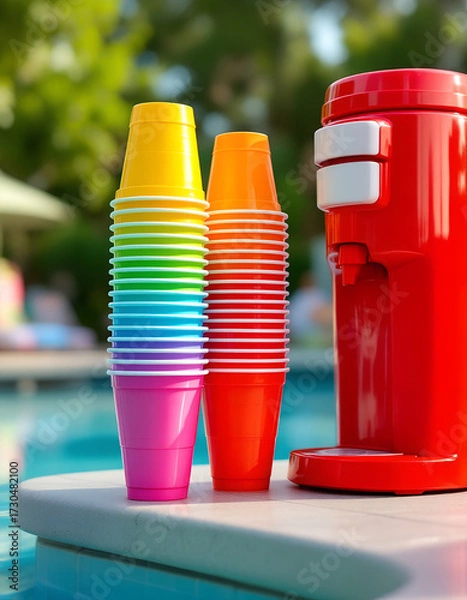 Fototapeta Colorful Plastic Cups and Red Slushie Machine by the Poolside.