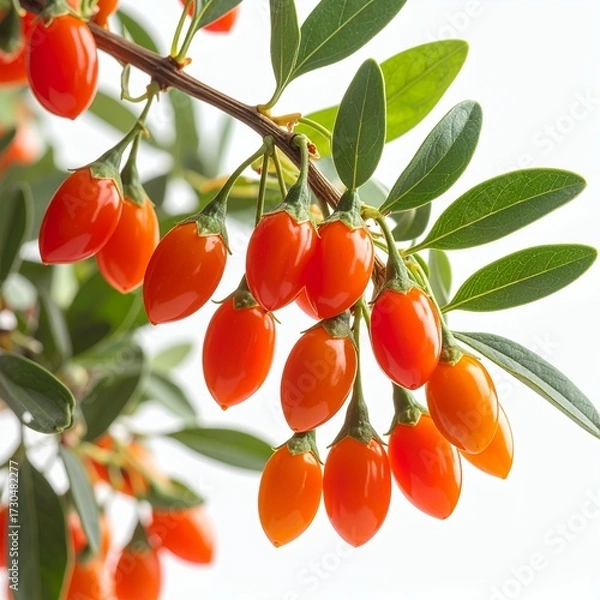 Fototapeta Vibrant Goji Berries Branch with Green Foliage Isolated on a White Background