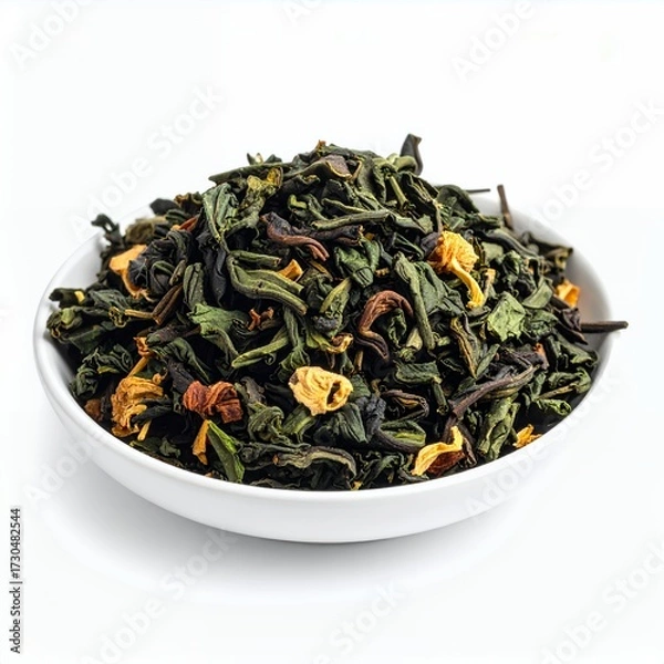 Fototapeta Artistic still life of vibrant loose leaf tea blend displayed against a pristine white backdrop