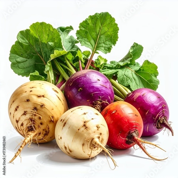 Fototapeta A colorful assortment of fresh root vegetables presented on a stark white backdrop