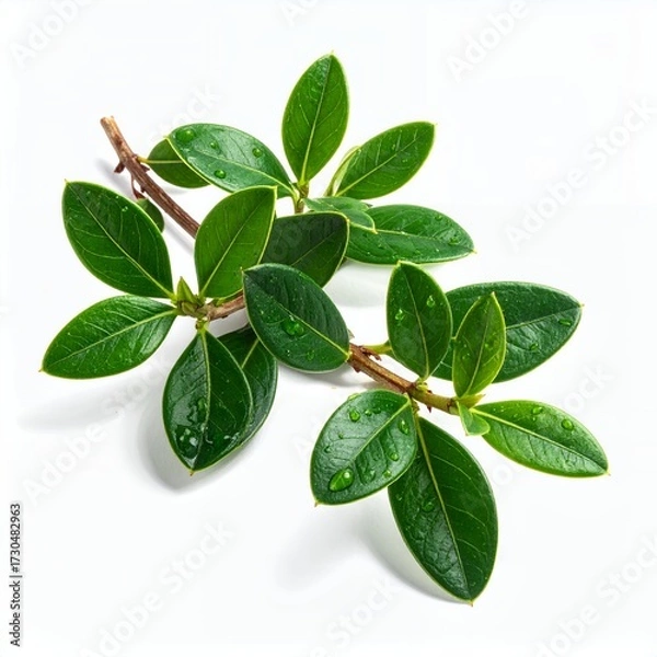 Fototapeta Lush botanical sprig with vibrant green leaves isolated on a clean white background