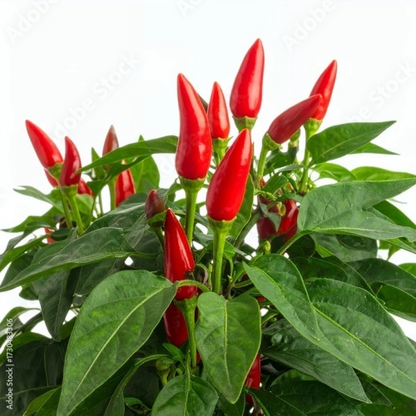 Fototapeta Vibrant display of red chili peppers with lush foliage against a bright background