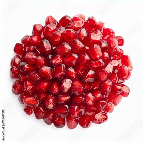 Fototapeta Vibrant pomegranate arils clustered on a seamless white backdrop create a fresh fruit impression