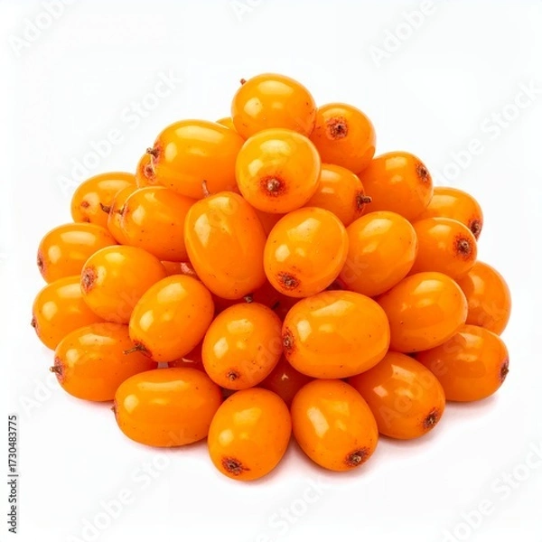 Fototapeta Pile of vibrant sea buckthorn berries creating a colorful cascade isolated on white background