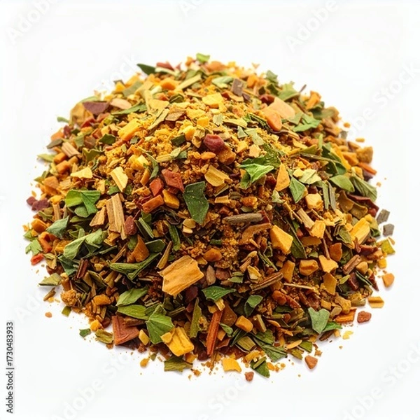 Fototapeta Aromatic medley of dried herbs and spices forming an appetizing mound on a white backdrop