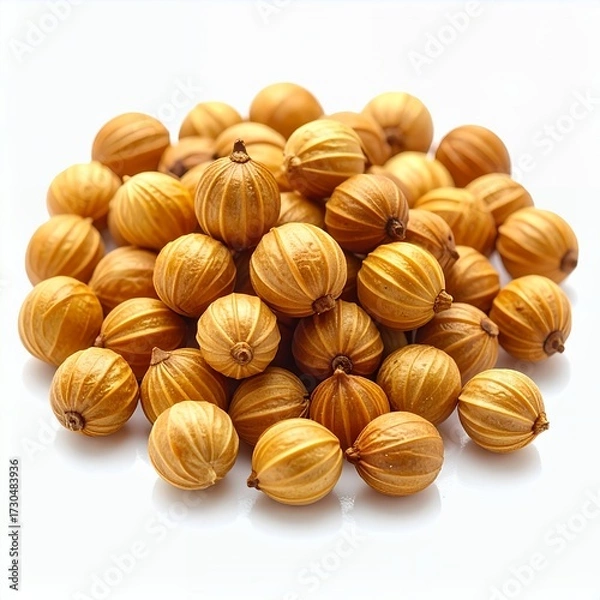 Fototapeta Pile of Coriander Seeds on White Backdrop Featuring Natural Textures and Tonal Harmony