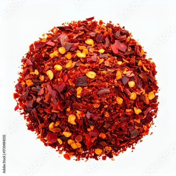 Fototapeta Dehydrated chili flakes in a heap against a stark white background creating visual contrast
