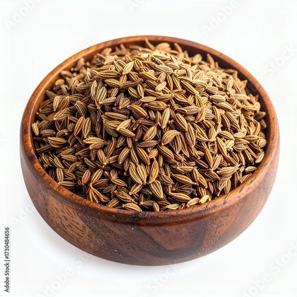 Fototapeta Aromatic cumin seeds in a rustic wooden bowl against a clean white backdrop